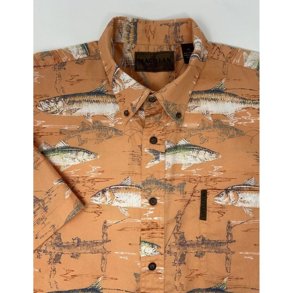 Magellan‎ Sportswear Mens XL Orange Fish & Lure Graphics Button Down Shirt